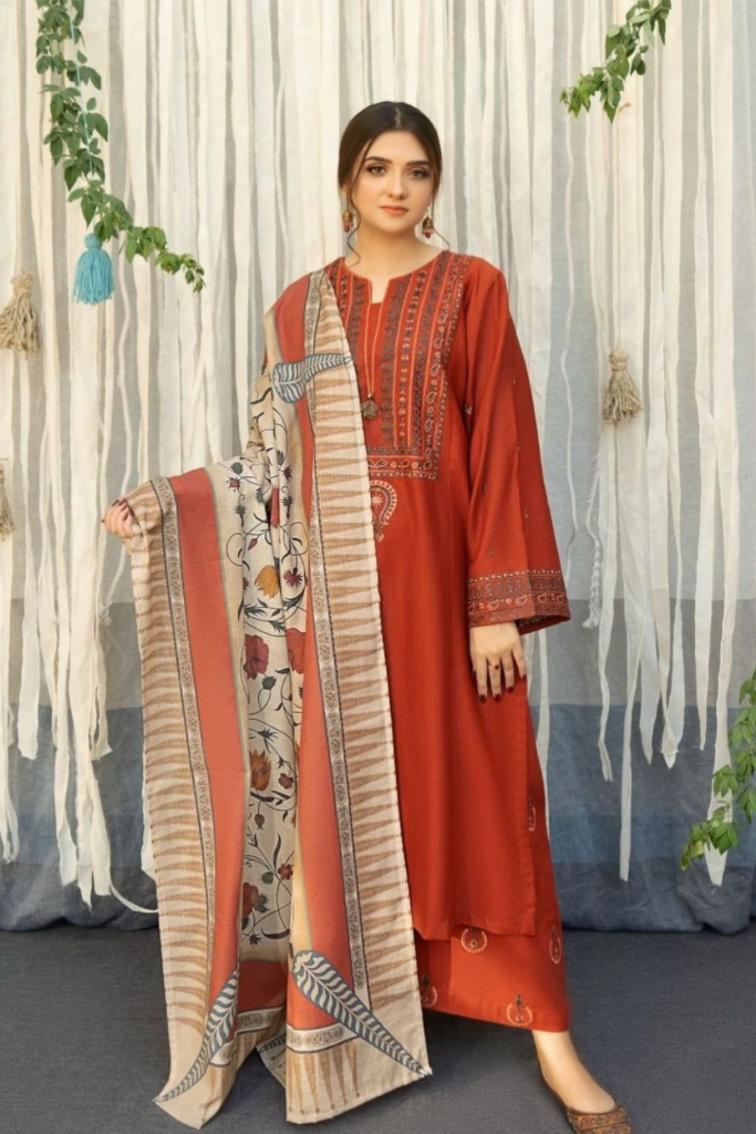 ASLIING DHANAK 3PC  PRINT SHAWL AND EMBROIDERD TROUSER