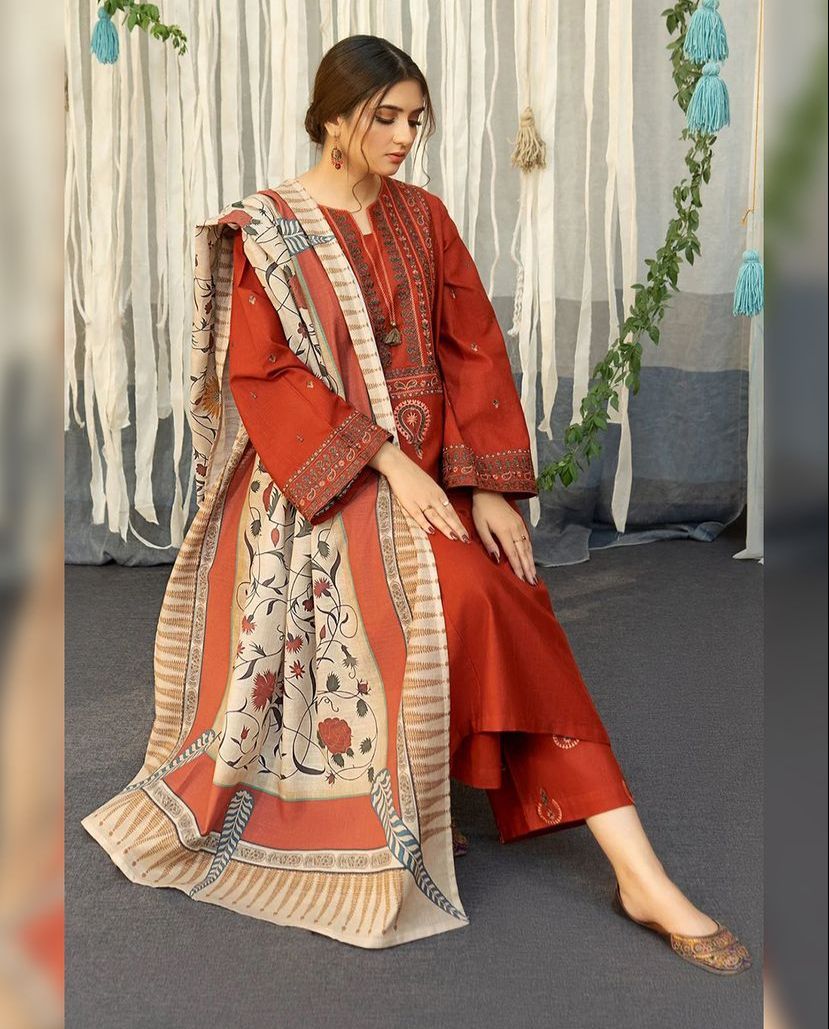 ASLIING DHANAK 3PC  PRINT SHAWL AND EMBROIDERD TROUSER