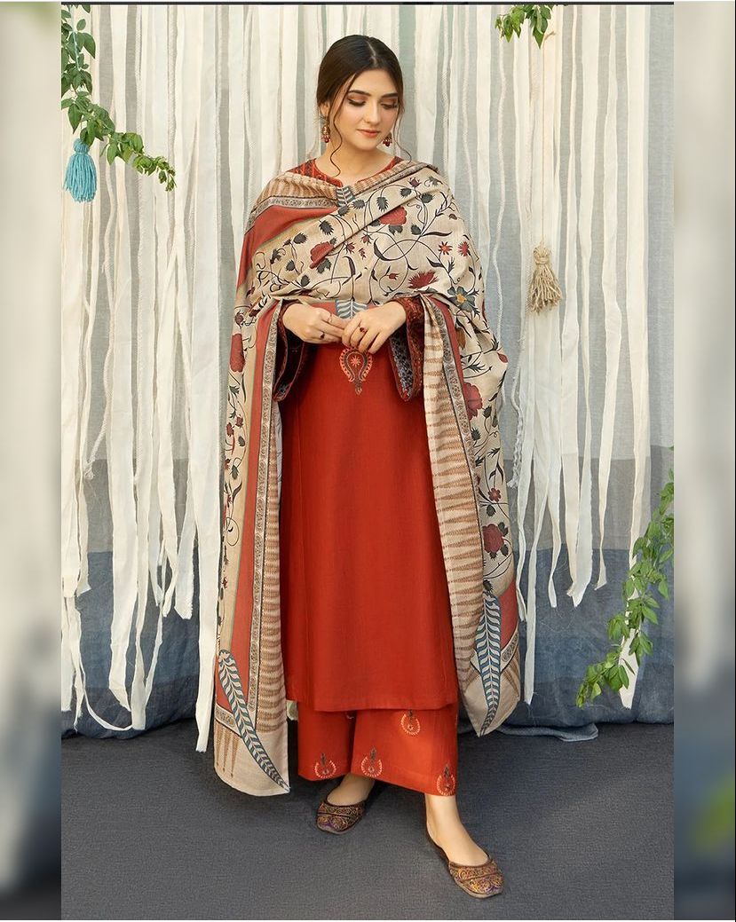 ASLIING DHANAK 3PC  PRINT SHAWL AND EMBROIDERD TROUSER