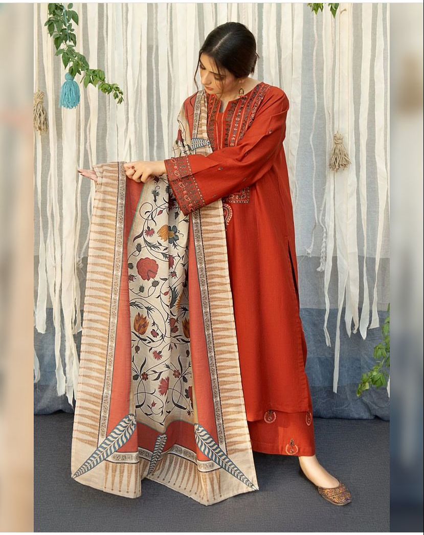 ASLIING DHANAK 3PC  PRINT SHAWL AND EMBROIDERD TROUSER