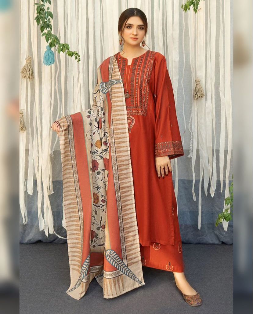 ASLIING DHANAK 3PC  PRINT SHAWL AND EMBROIDERD TROUSER