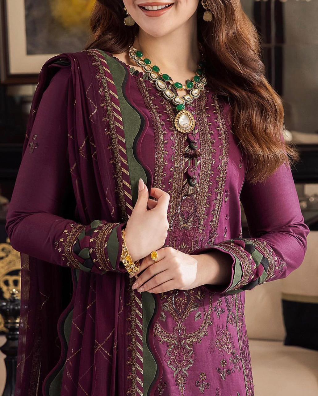 ASIM JOFA FULL EMBROIDERY SHIRT WITH DHANAK EMBROIDERED DUPATTA AND DYED TROUSER