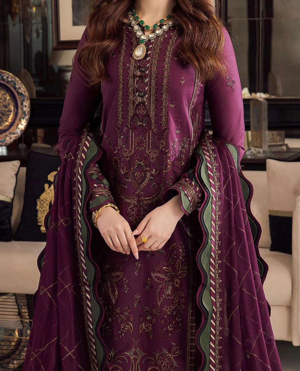 ASIM JOFA FULL EMBROIDERY SHIRT WITH DHANAK EMBROIDERED DUPATTA AND DYED TROUSER