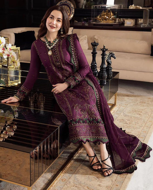 ASIM JOFA FULL EMBROIDERY SHIRT WITH DHANAK EMBROIDERED DUPATTA AND DYED TROUSER